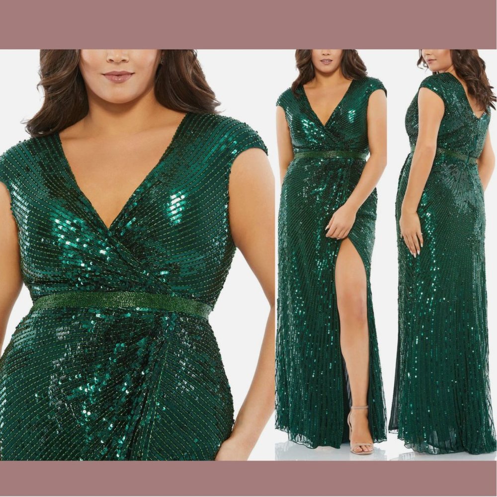 NWT $498 Mac Duggal [ 22W ] High Slit Cap Sleeve‎ V Neck Gown in Green